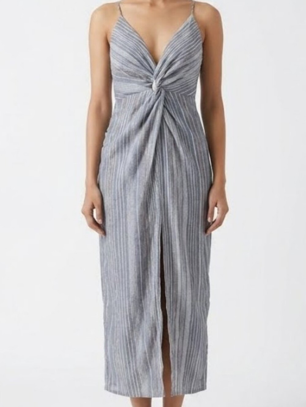 Handloom Celia Metallic Striped Cotton Midi Dress M/L Knotted Front Gray